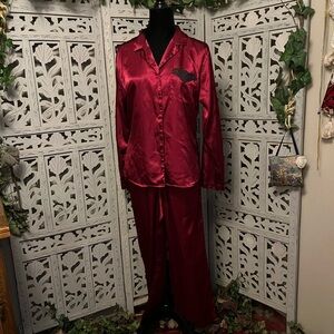 ADONNA RUBY RED 2pc LONG SLEEVE BUTTON UP STRETCHY WAIST TOP & PANTS PAJAMAS